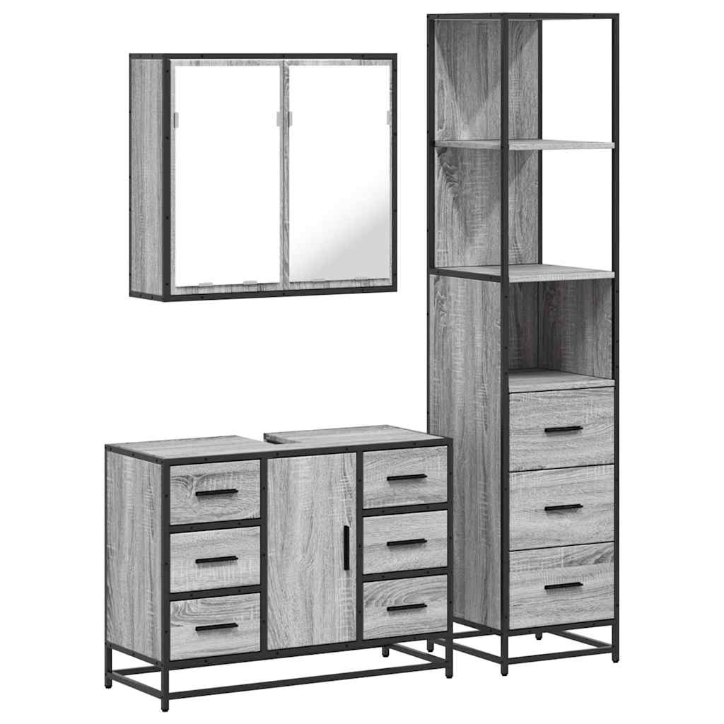 Set mobilier de baie, 3 piese, gri sonoma, lemn prelucrat