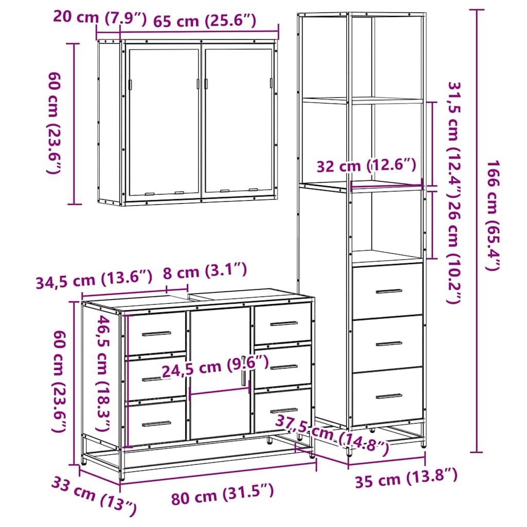 Set mobilier de baie, 3 piese, gri sonoma, lemn prelucrat