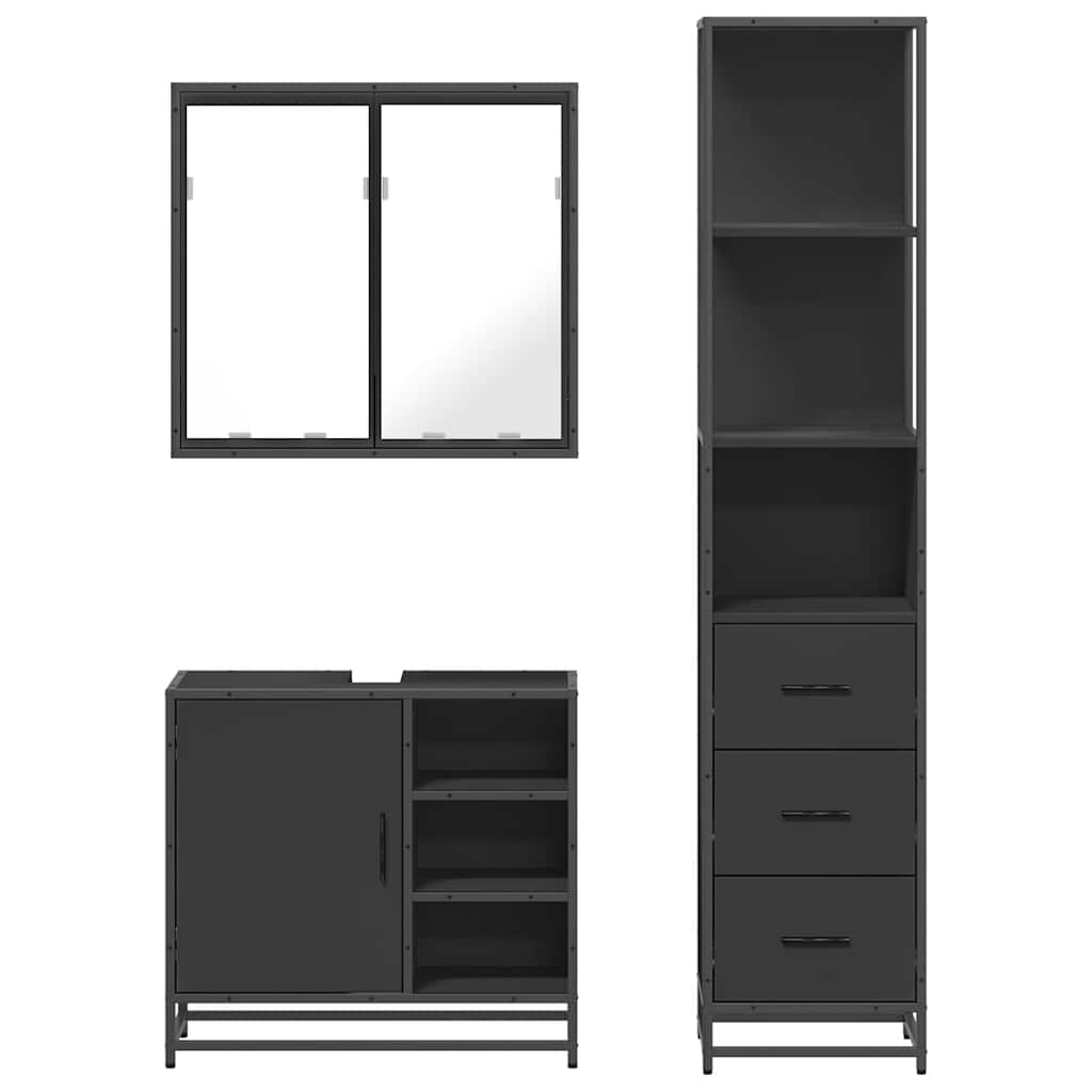 Set mobilier de baie, 3 piese, negru, lemn compozit