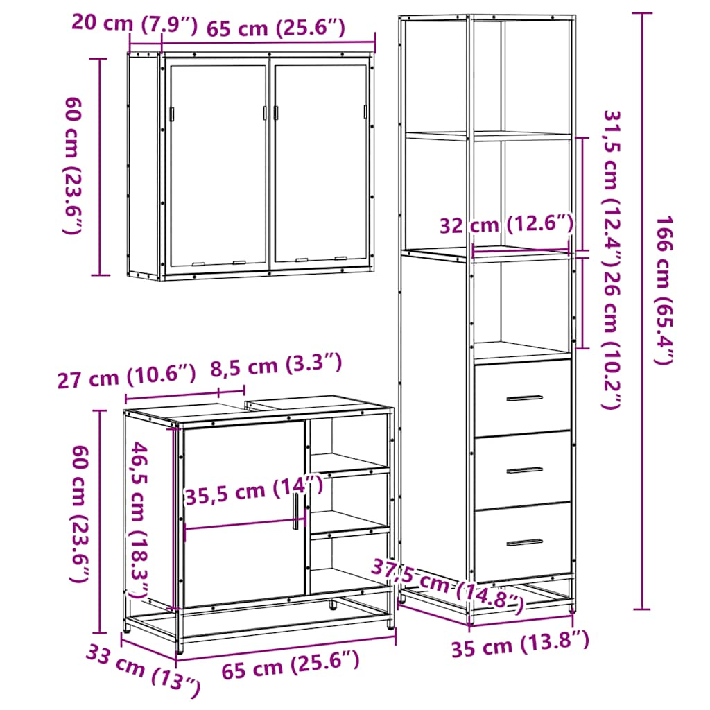 Set mobilier de baie, 3 piese, negru, lemn compozit