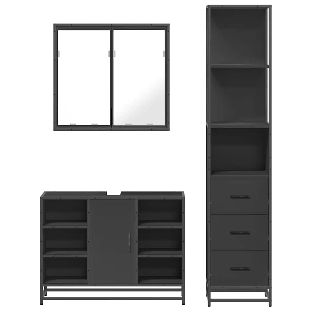 Set mobilier de baie, 3 piese, negru, lemn compozit