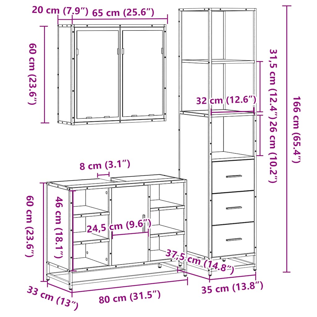 Set mobilier de baie, 3 piese, negru, lemn compozit