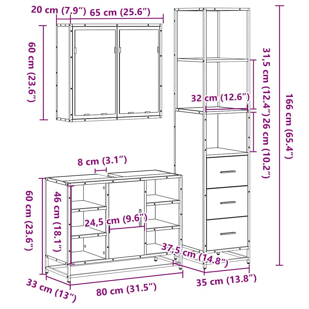 Set mobilier de baie, 3 piese, stejar sonoma, lemn prelucrat