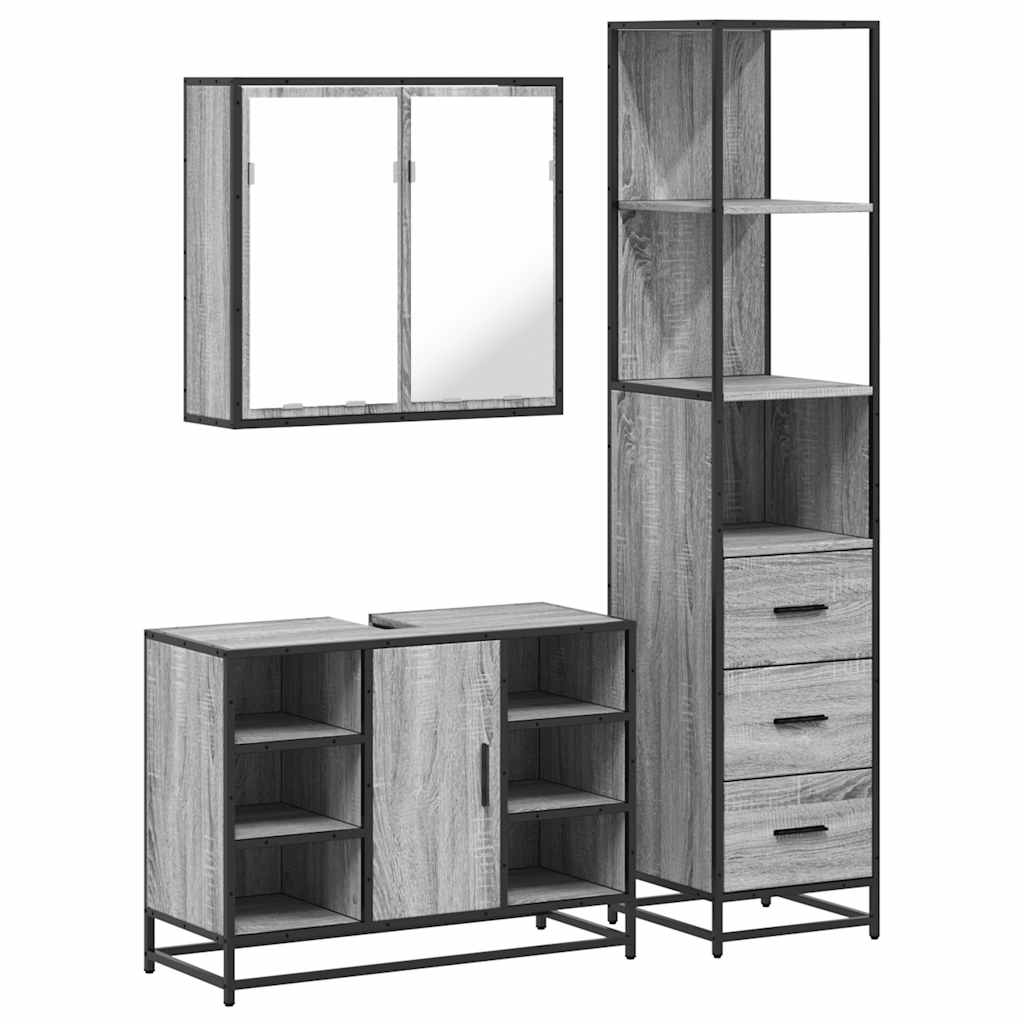 Set mobilier de baie, 3 piese, gri sonoma, lemn prelucrat