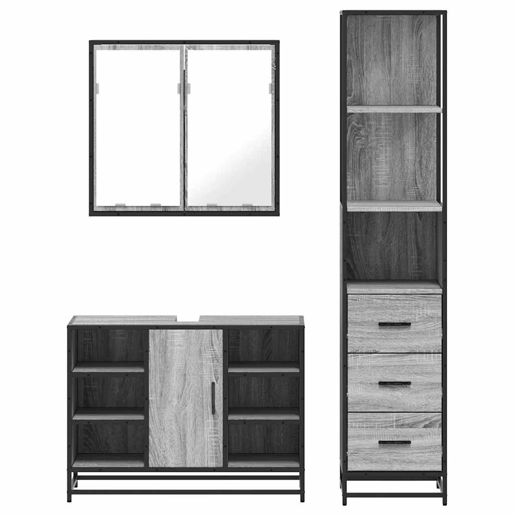 Set mobilier de baie, 3 piese, gri sonoma, lemn prelucrat