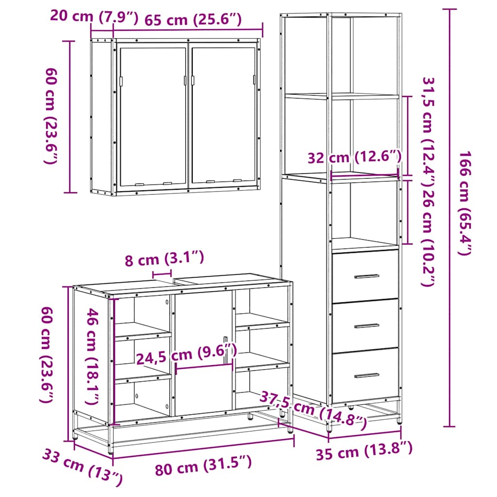 Set mobilier de baie, 3 piese, gri sonoma, lemn prelucrat