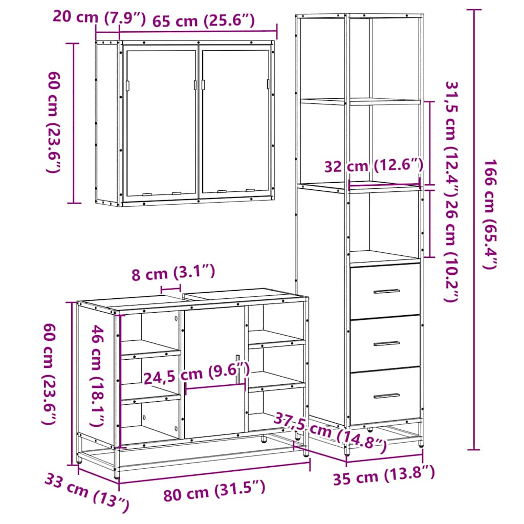 Set mobilier de baie, 3 piese, stejar maro, lemn prelucrat