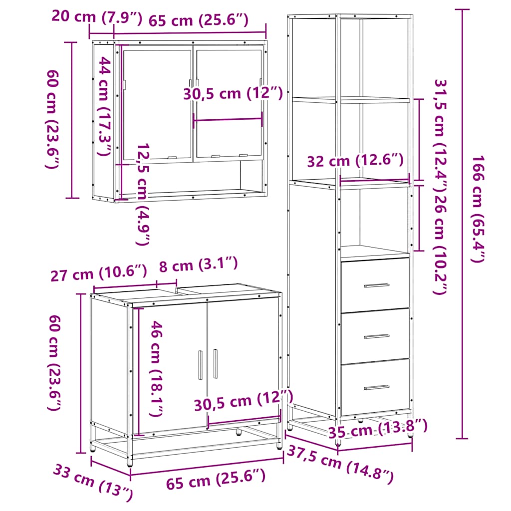 Set mobilier de baie, 3 piese, negru, lemn compozit