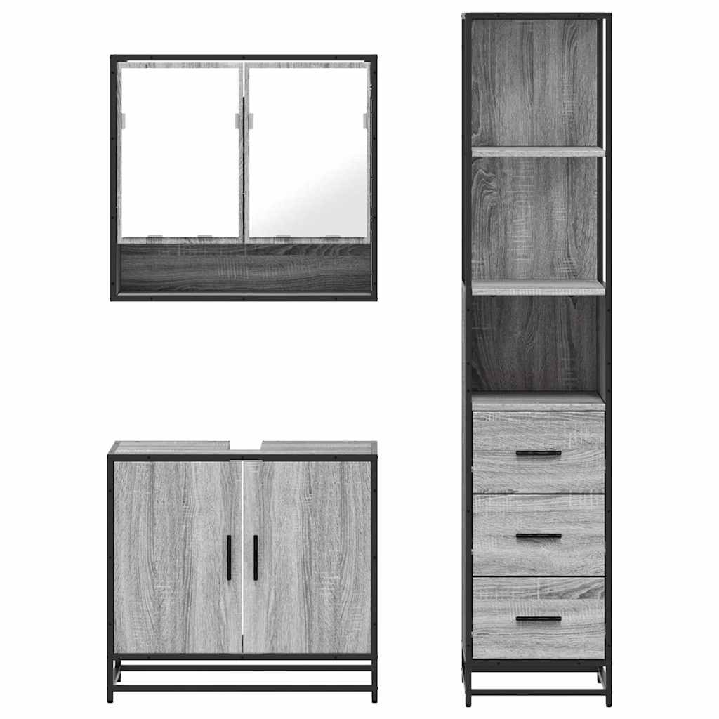 Set mobilier de baie, 3 piese, gri sonoma, lemn prelucrat