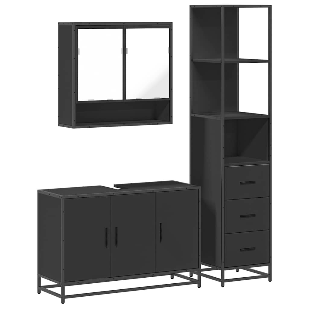 Set mobilier de baie, 3 piese, negru, lemn compozit