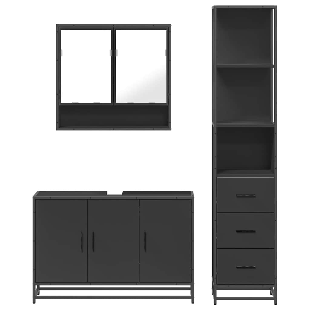 Set mobilier de baie, 3 piese, negru, lemn compozit