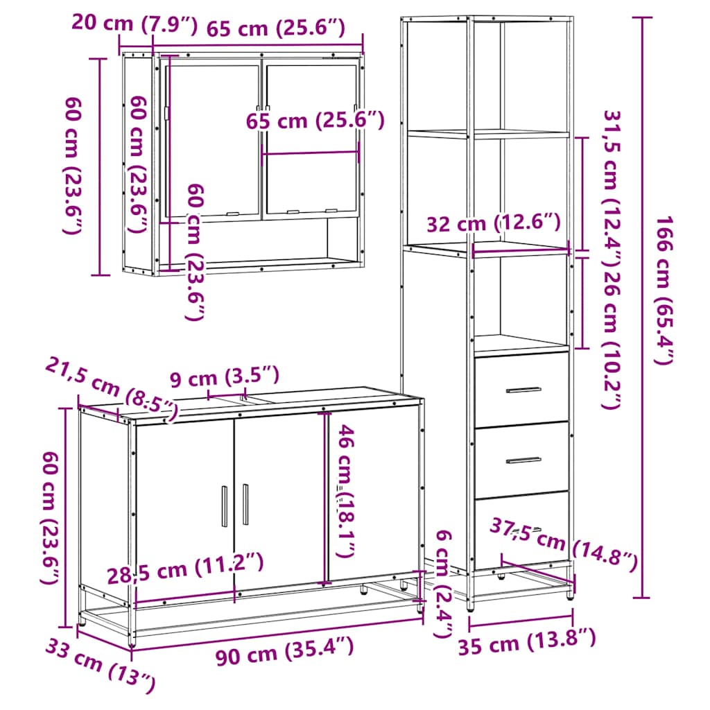 Set mobilier de baie, 3 piese, negru, lemn compozit