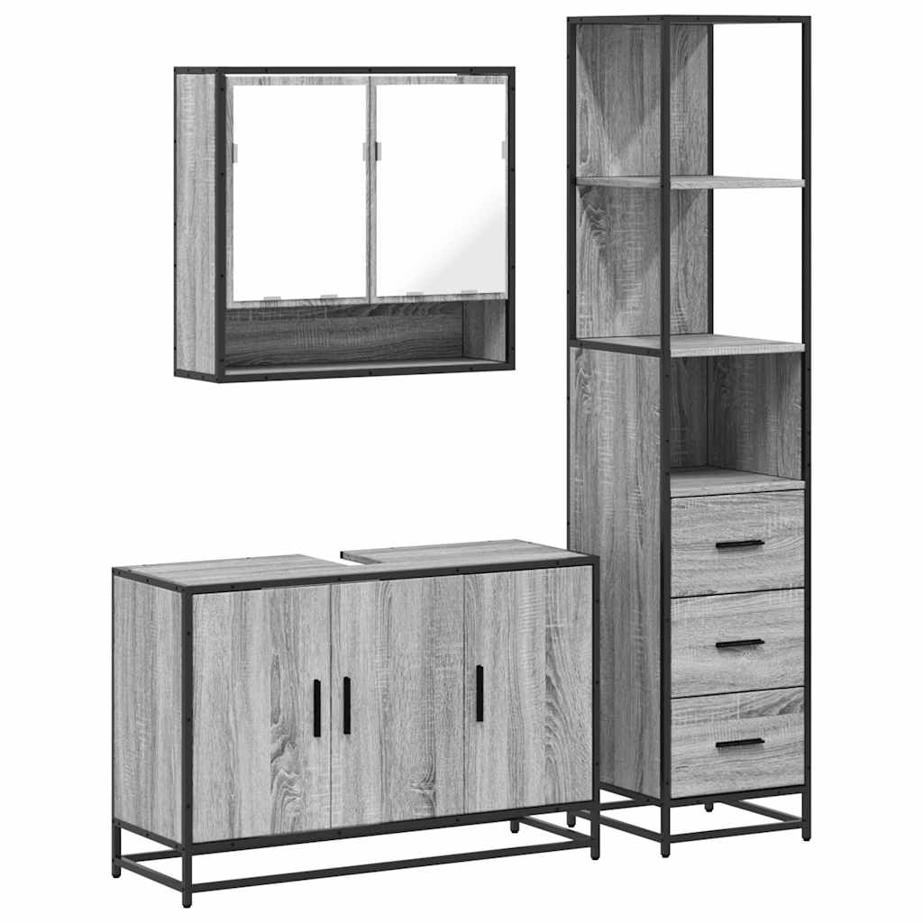 Set mobilier de baie, 3 piese, gri sonoma, lemn prelucrat