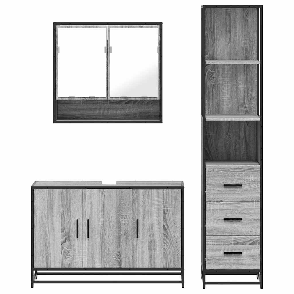 Set mobilier de baie, 3 piese, gri sonoma, lemn prelucrat