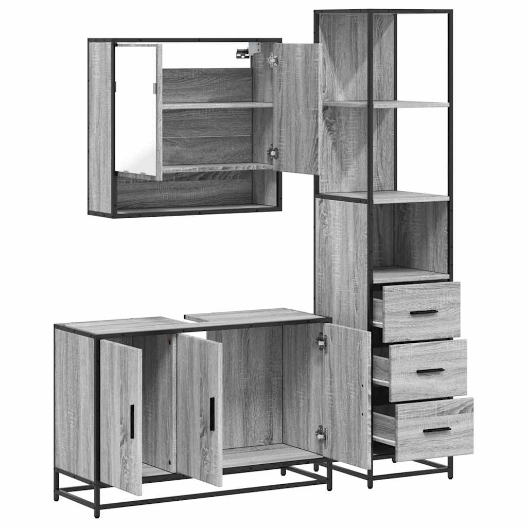 Set mobilier de baie, 3 piese, gri sonoma, lemn prelucrat