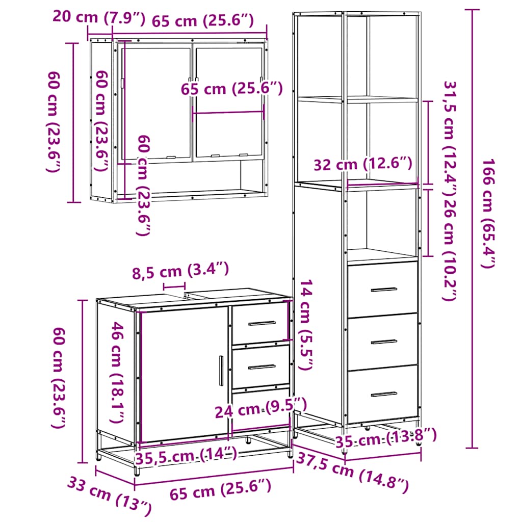 Set mobilier de baie, 3 piese, negru, lemn compozit