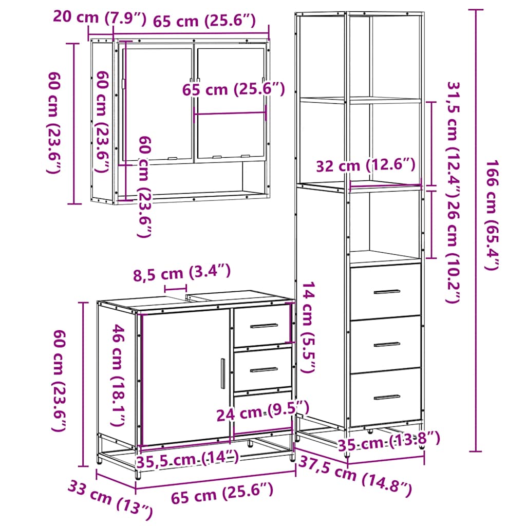 Set mobilier de baie, 3 piese, stejar sonoma, lemn prelucrat