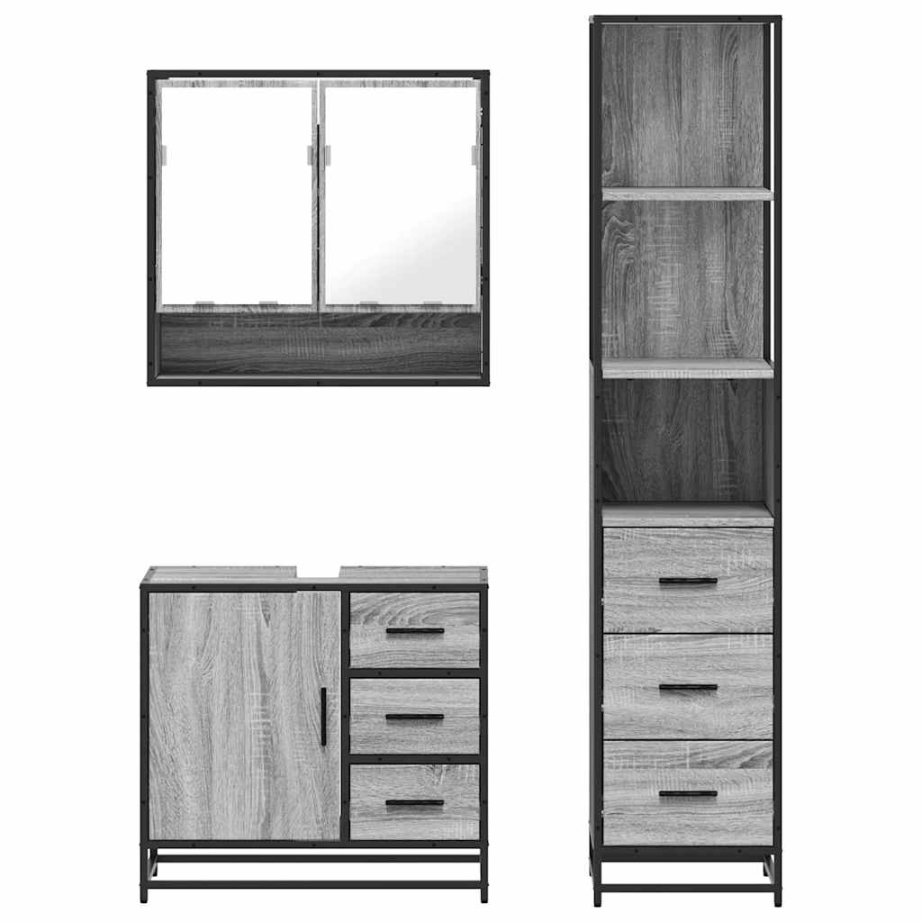 Set mobilier de baie, 3 piese, gri sonoma, lemn prelucrat