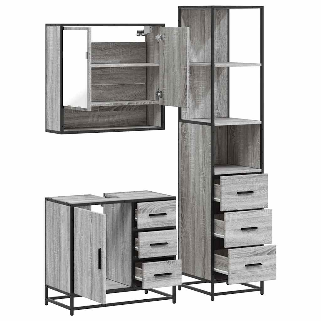 Set mobilier de baie, 3 piese, gri sonoma, lemn prelucrat