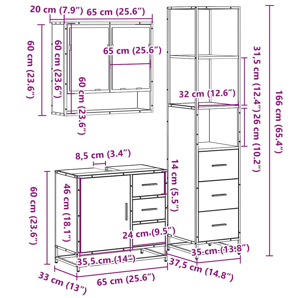 Set mobilier de baie, 3 piese, stejar maro, lemn prelucrat