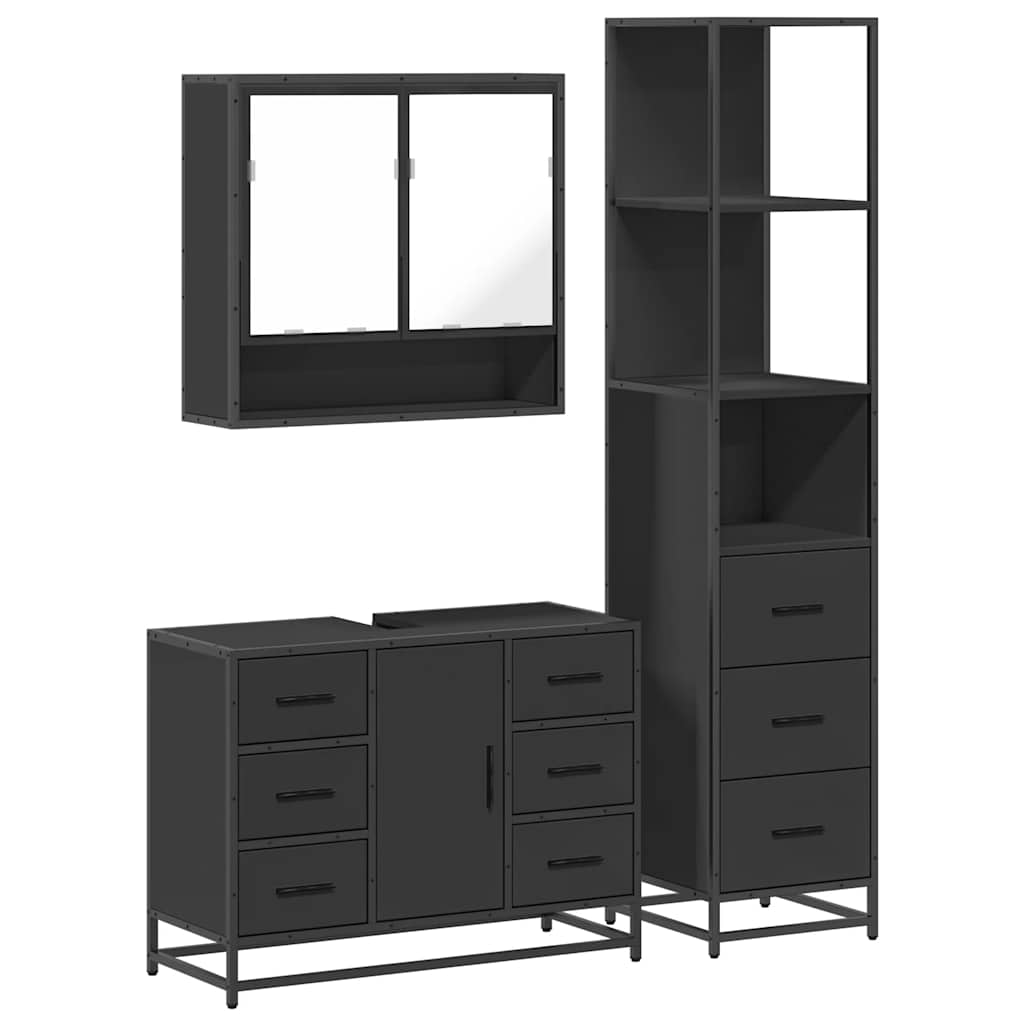 Set mobilier de baie, 3 piese, negru, lemn compozit