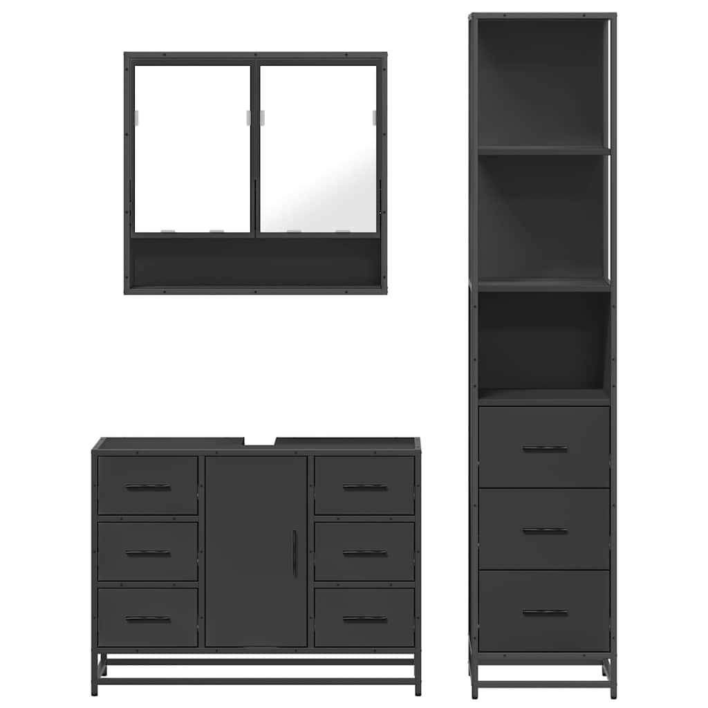 Set mobilier de baie, 3 piese, negru, lemn compozit