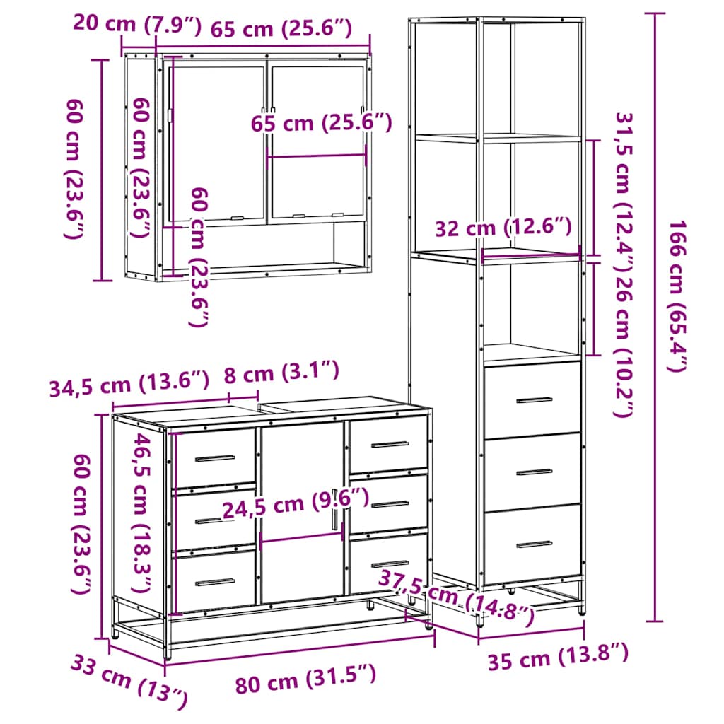 Set mobilier de baie, 3 piese, negru, lemn compozit