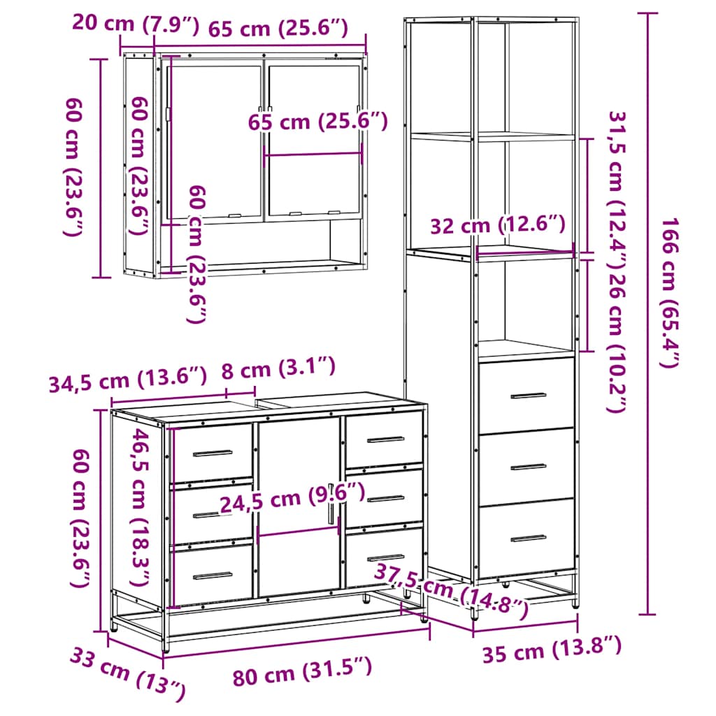 Set mobilier de baie, 3 piese, stejar sonoma, lemn prelucrat