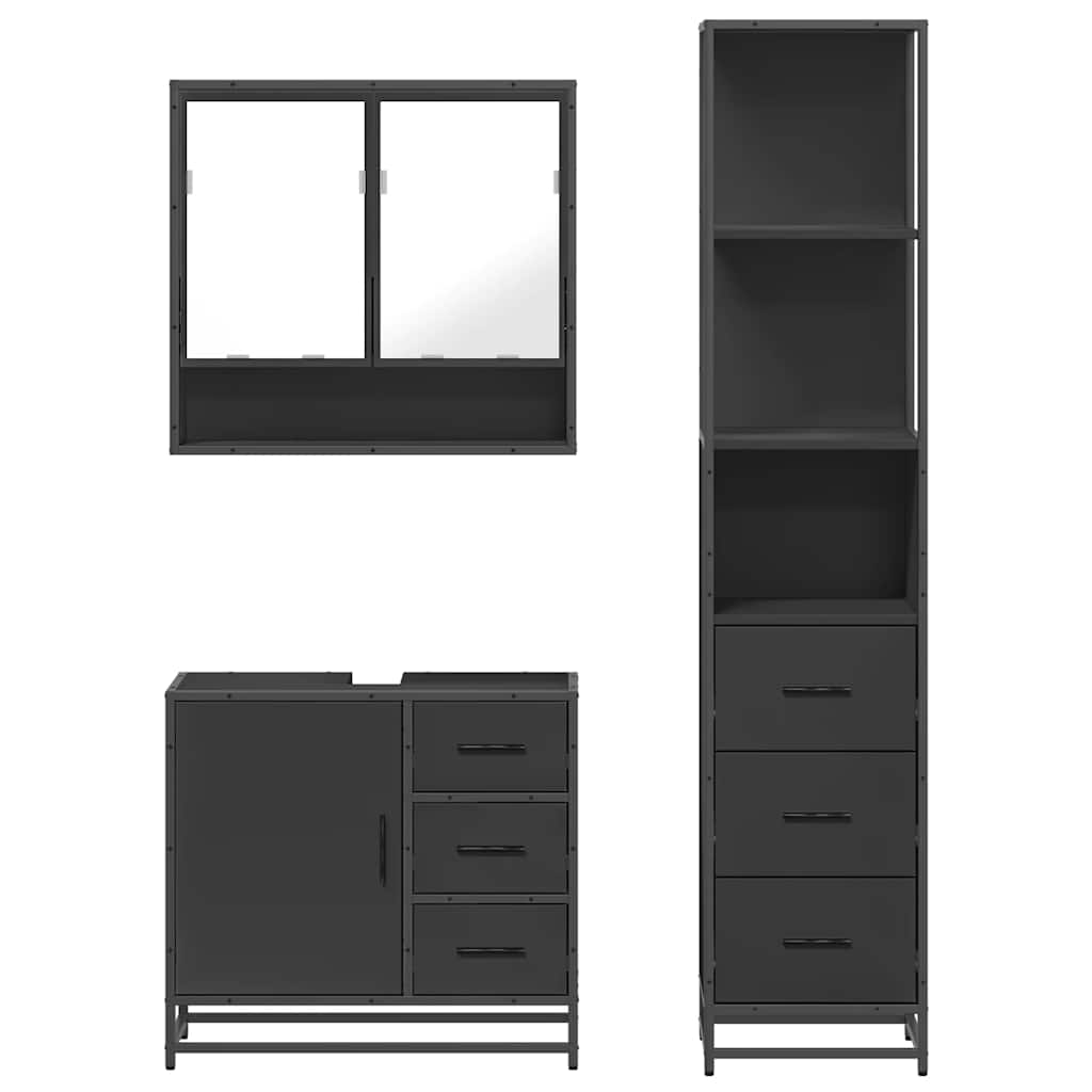 Set mobilier de baie, 3 piese, negru, lemn compozit