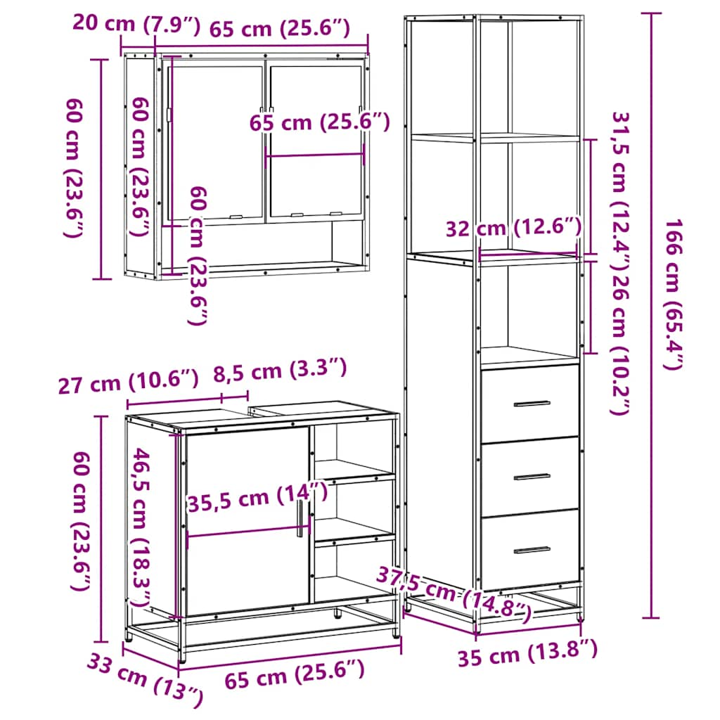 Set mobilier de baie, 3 piese, negru, lemn compozit