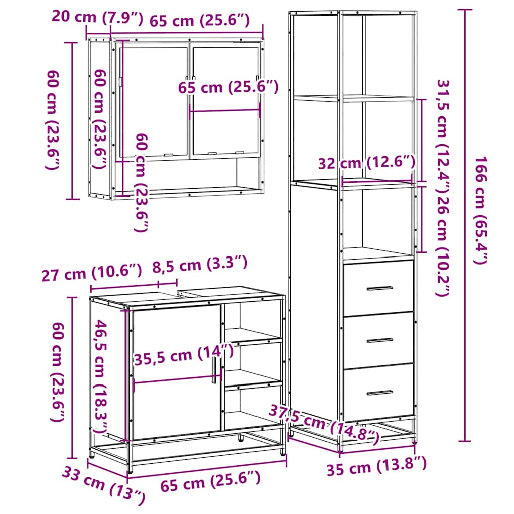 Set mobilier de baie, 3 piese, stejar sonoma, lemn prelucrat