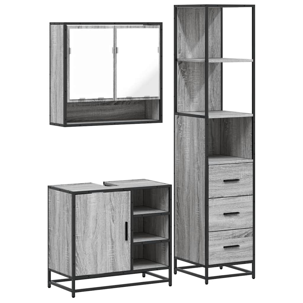 Set mobilier de baie, 3 piese, gri sonoma, lemn prelucrat