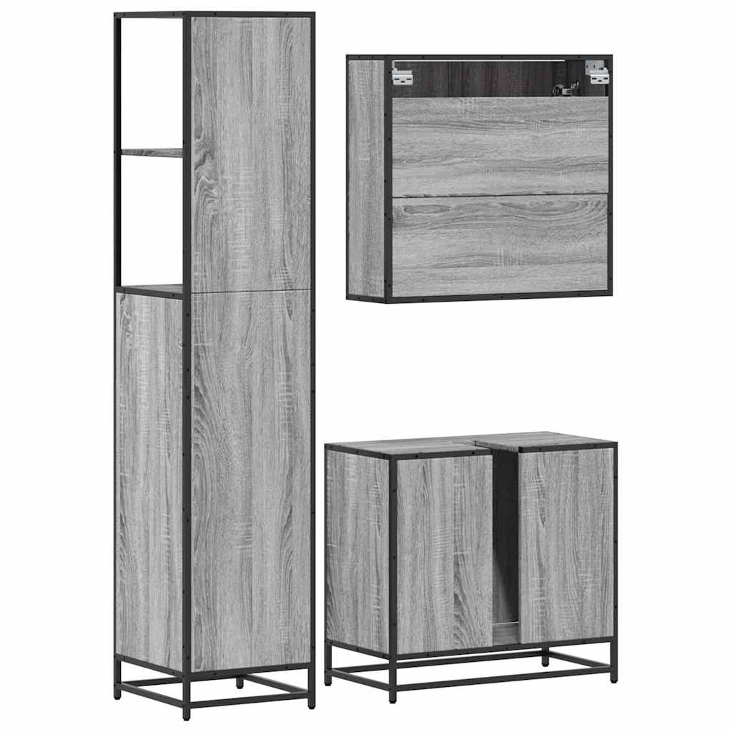 Set mobilier de baie, 3 piese, gri sonoma, lemn prelucrat