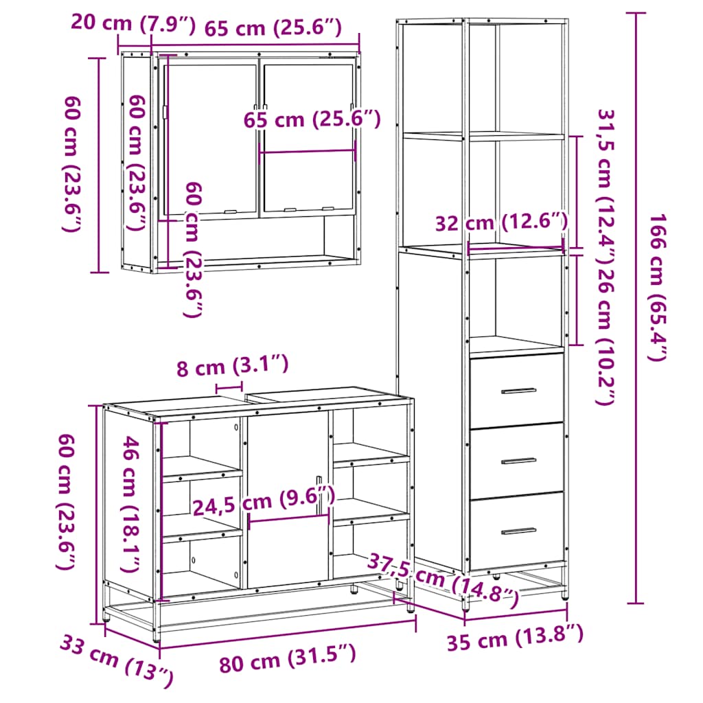 Set de mobilier de baie din 3 piese Lemn negru prelucrat