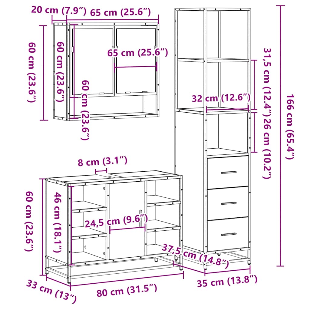 Set de mobilier de baie din 3 piese din lemn de stejar Sonoma