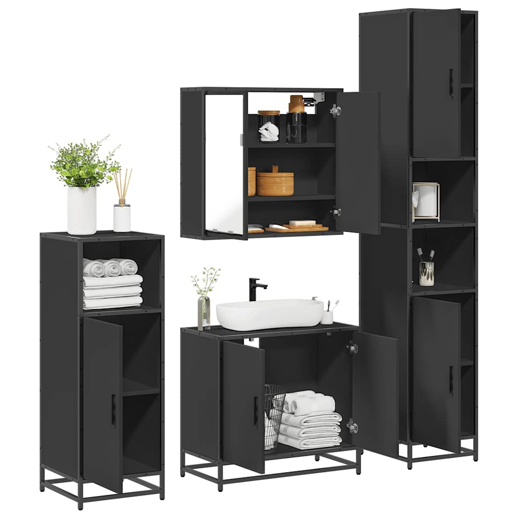 Set de mobilier de baie 4 piese Lemn negru prelucrat