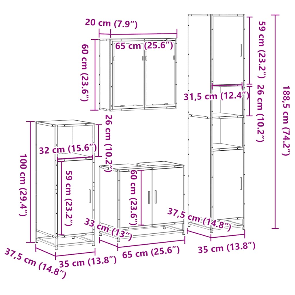 Set de mobilier de baie din 4 piese din lemn de stejar Sonoma