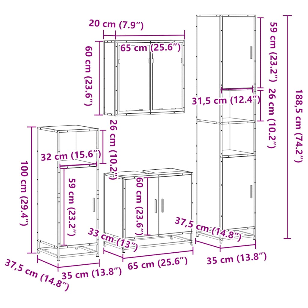 Set de mobilier de baie 4 piese Lemn stratificat gri Sonoma