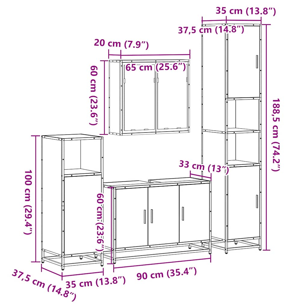 Set de mobilier de baie 4 piese Lemn negru prelucrat