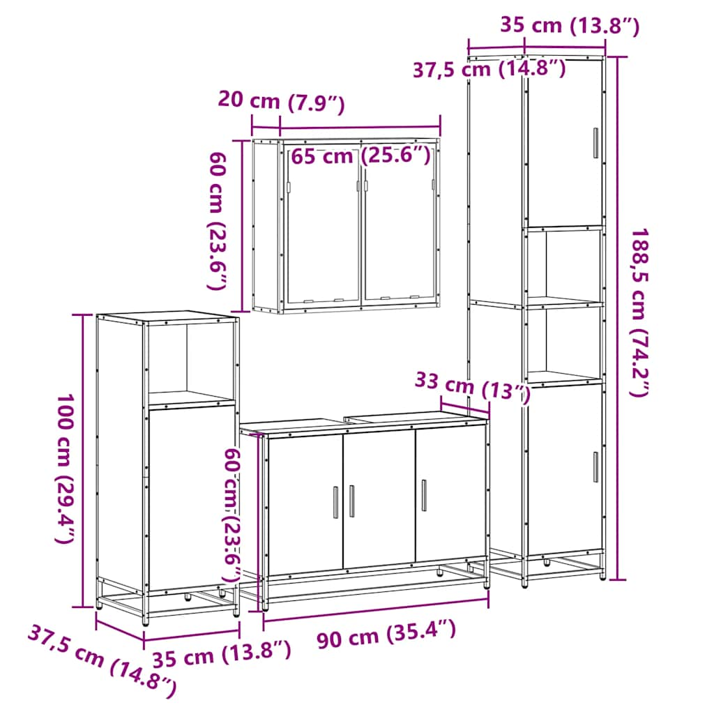 Set de mobilier de baie din 4 piese din lemn de stejar Sonoma