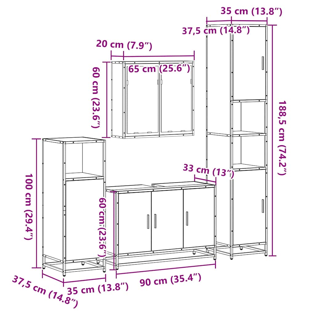 Set de mobilier de baie 4 piese Lemn prelucrat de stejar afumat