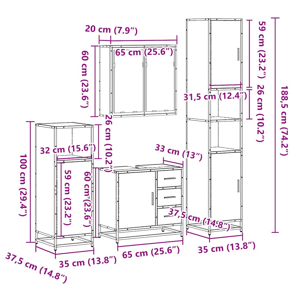 Set de mobilier de baie 4 piese Lemn negru prelucrat