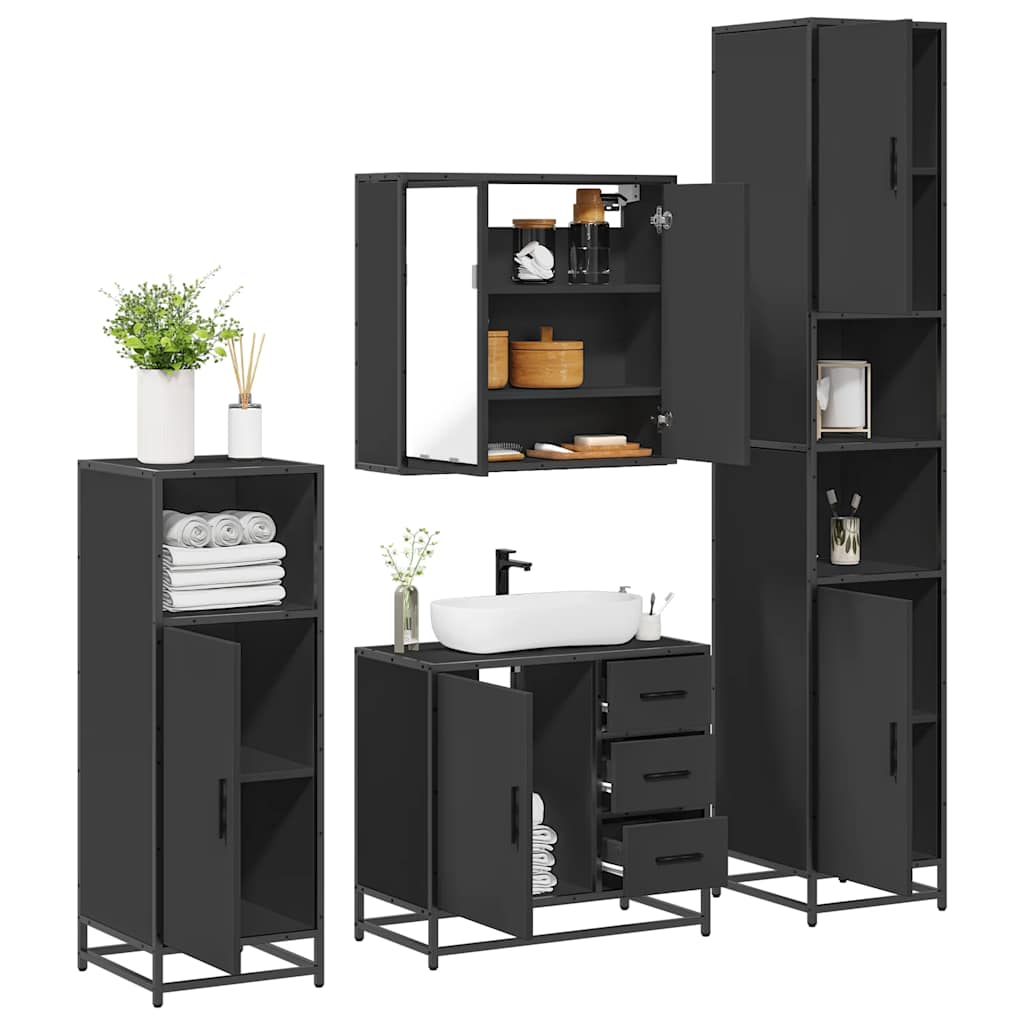 Set de mobilier de baie 4 piese Lemn negru prelucrat