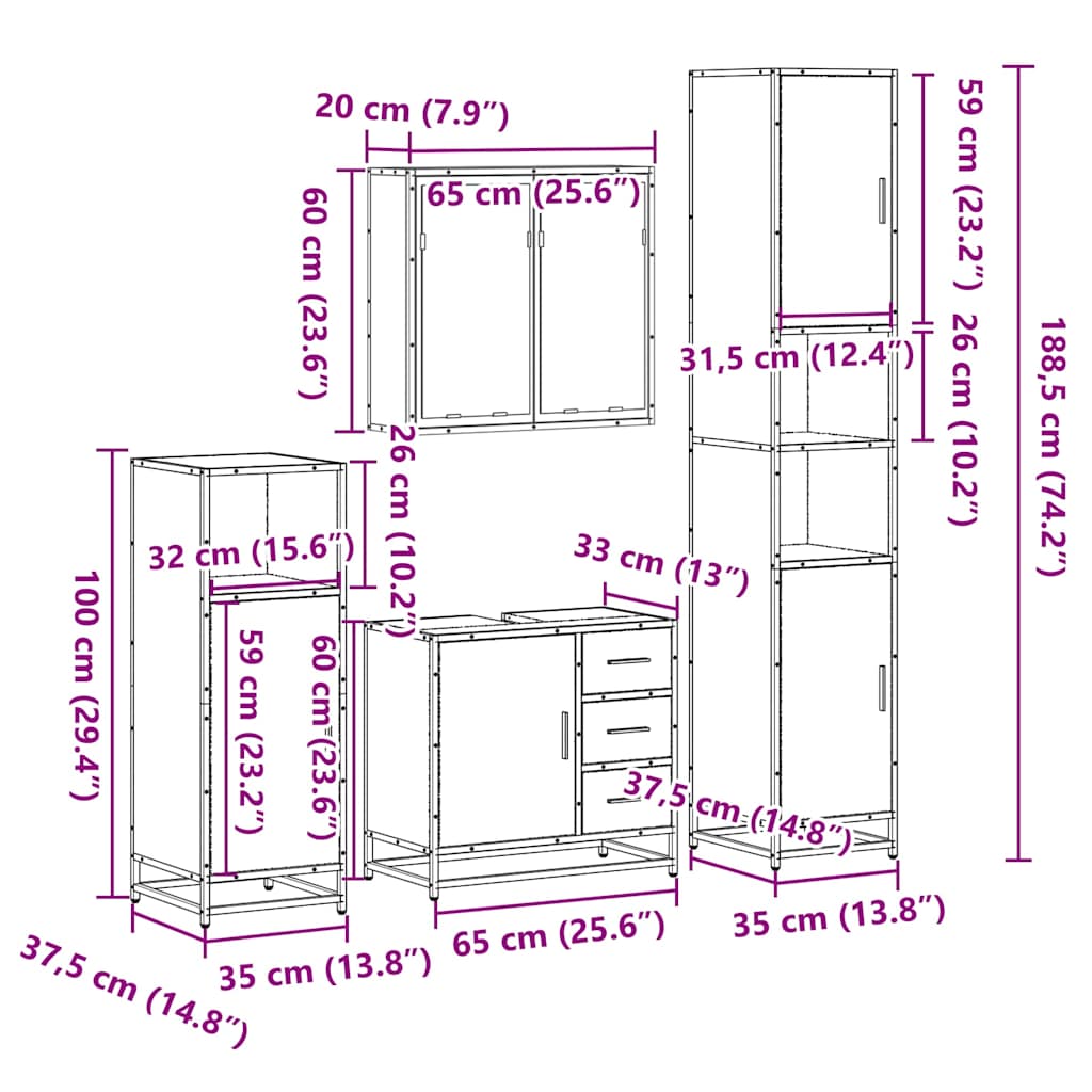 Set de mobilier de baie din 4 piese din lemn de stejar Sonoma