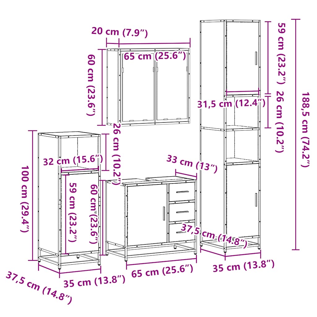 Set de mobilier de baie 4 piese Lemn prelucrat de stejar afumat