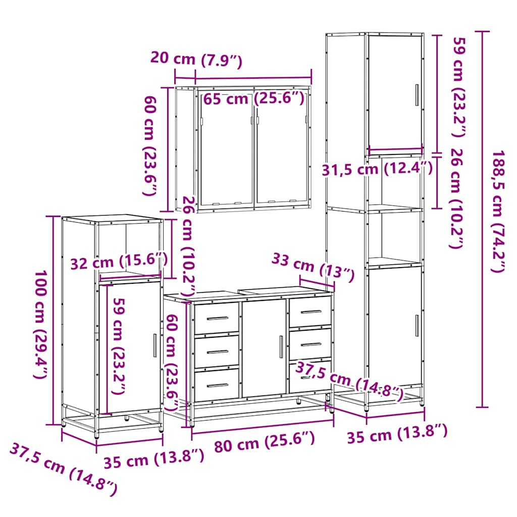 Set de mobilier de baie 4 piese Lemn negru prelucrat