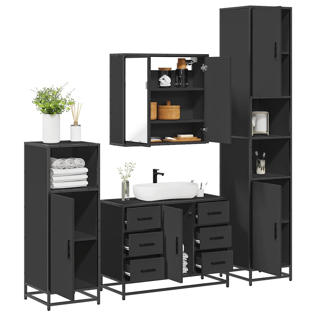 Set de mobilier de baie 4 piese Lemn negru prelucrat