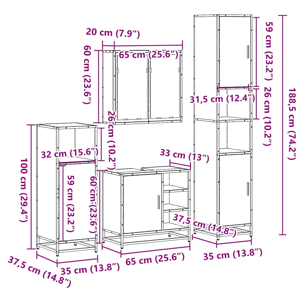 Set de mobilier de baie 4 piese Lemn negru prelucrat