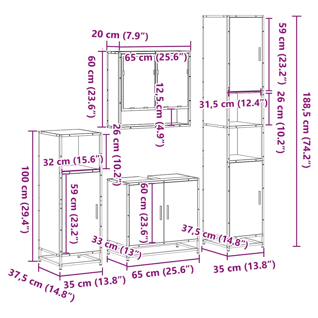 Set de mobilier de baie 4 piese Lemn negru prelucrat