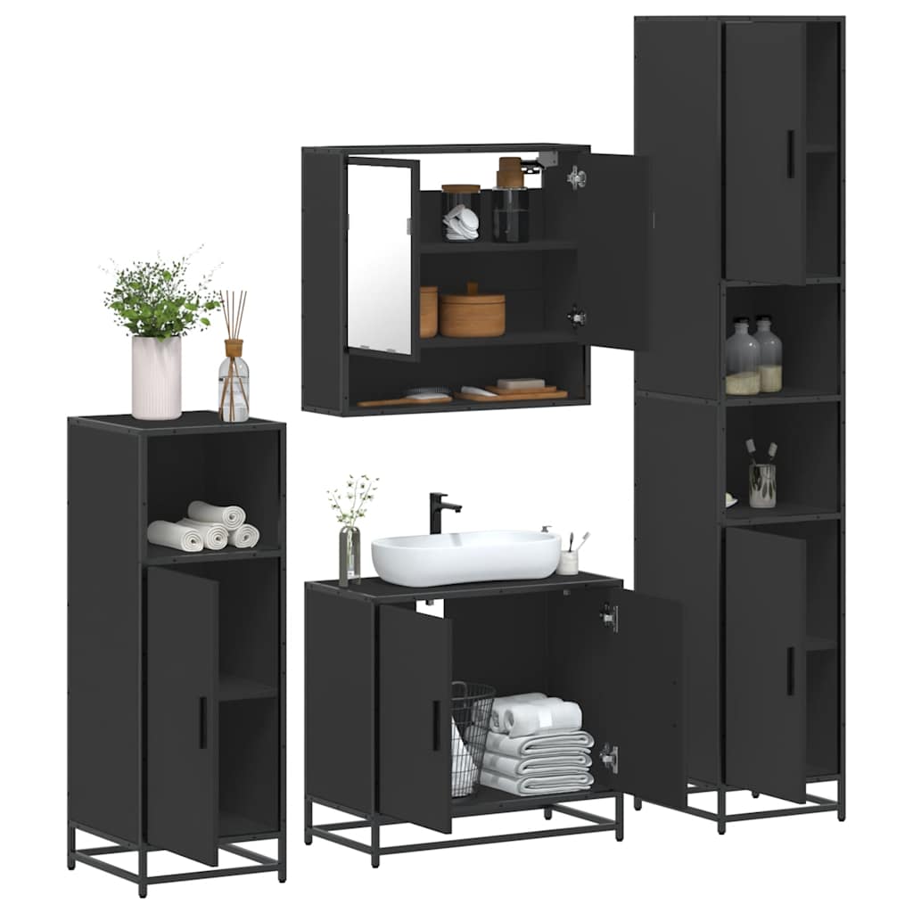 Set de mobilier de baie 4 piese Lemn negru prelucrat